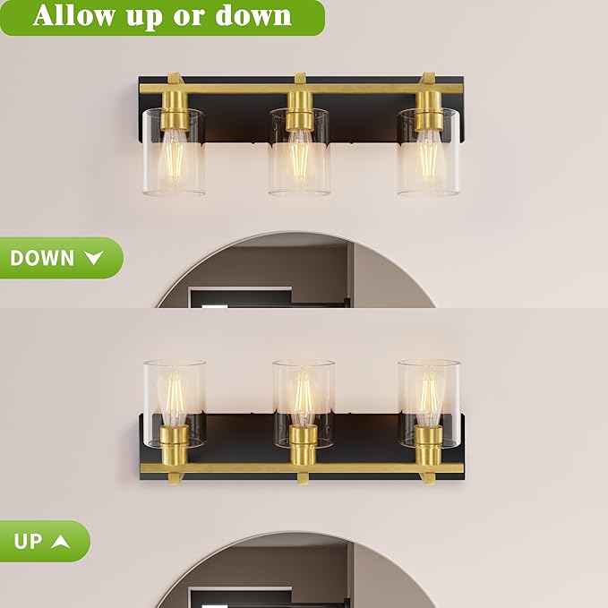 Espird Bathroom Vanity Light,3 Light Matte Black and Gold Light Fixture with Thickened Clear Glass Shade, 21 inch Modern Wall Sconce, Bathrooms Vanity Light Over Mirror for Bathroom