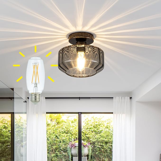 Tbaoinal Semi Flush Mount Ceiling Light Textrued Smoked Glass Shade Matal Base Inclede LED Bulb,for Kitchen/Hallway/Entryway/Bathroom for a Black Champagne Gold