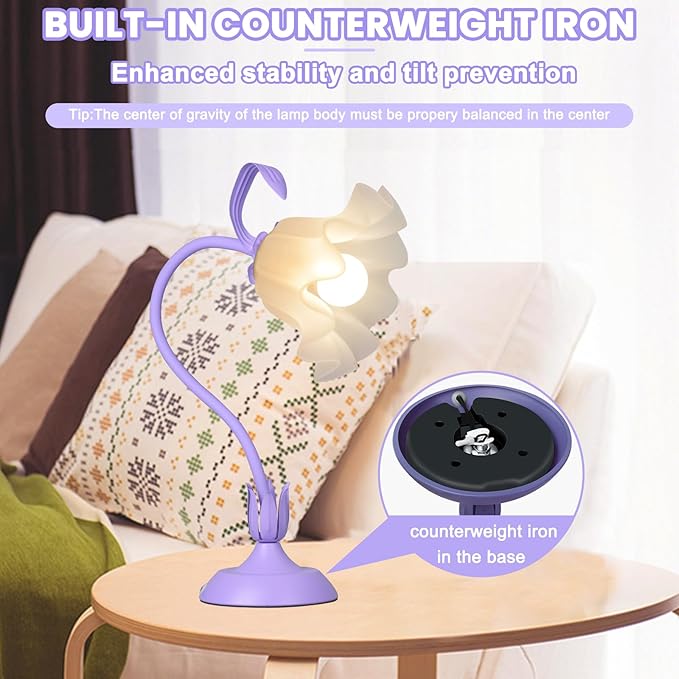 Flower Desk Lamp, LED Reading Light Flower Table Lamp, 3 Colors Flower Lamp for Girls Bedroom, Adjustable Flexible Nightstand Lamps, Bedside Table Lamp for Bedroom, Living Room, Home Decor (Purple)