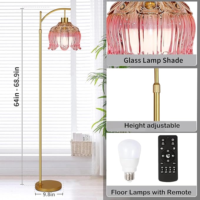 QIYIZM Pink Floor Lamp for Living Room,Bedroom,Glass Gold Dimmable Standing Lamp with Remote,Mid Century Modern Brass Tall Lamp Boho Floor Lamps Arc Stained Tulip Flower Floor Light Lamp Bohemian