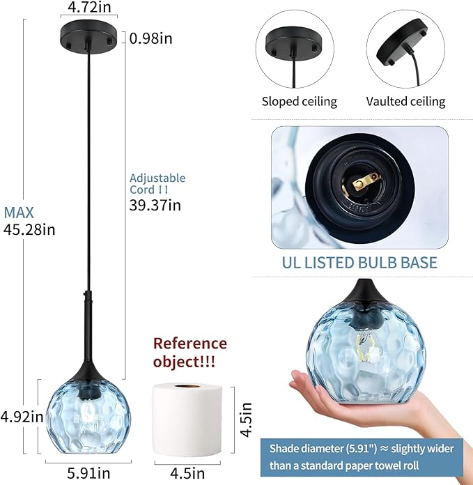 JHLBYL Glass Pendant Lights Kitchen Island: 5.91'' 2-Pack 1-Light Blue Hammered Glass Pendant Light with Black Finish - Modern Minimalist Hanging Light Fixture for Kitchen Sink Dining Room - E26 Base