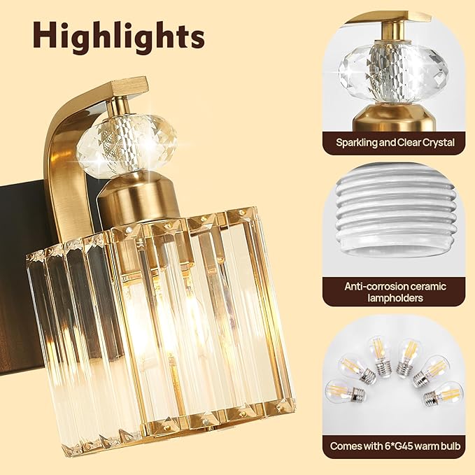 Modern Bathroom Vanity Light, 6-Light Black Gold Bathroom Lighting Fixtures Over Mirror, 44.1" Crystal Wall Light Sconce for Bathroom/Bedroom/Vanity, Includes LED Bulbs, Easy Installation