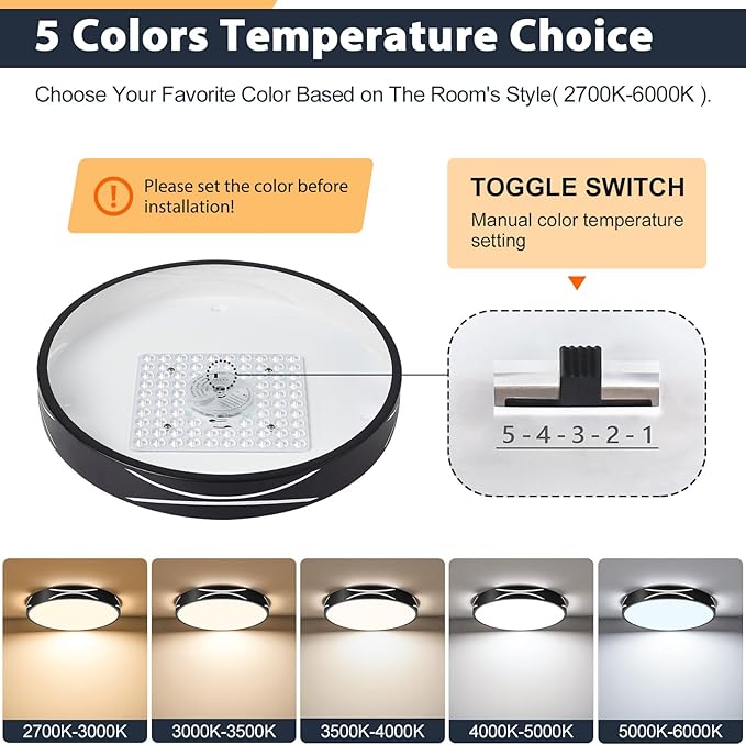 Modern Dimmable LED Flush Mount Ceiling Light, 2700K-6000K Selectable Round Close to Ceiling Lighting Fixtures, Metal Minimalist Black Ceiling Lamp for Bedroom, Kitchen, Hallway, Laundry Room