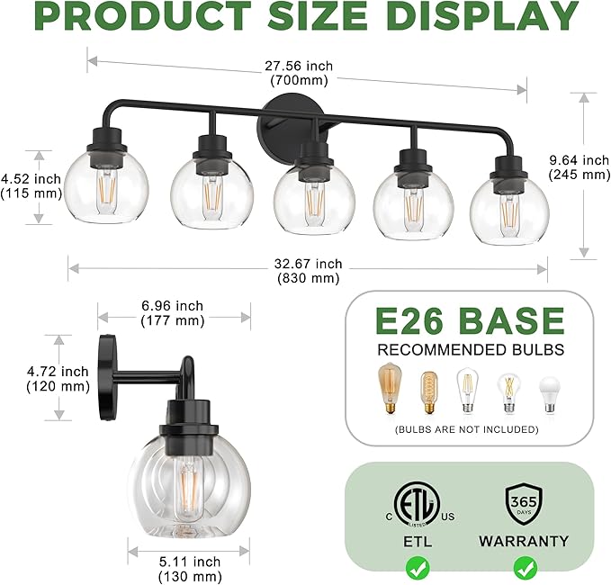 DORESshop Built to Last 20 Years Bathroom Light Fixtures, 5-Light Vanity Lights Over Mirror, Black Wall Lamp with Clear Glass for Living Room Decor Bedroom Porch Cabinet