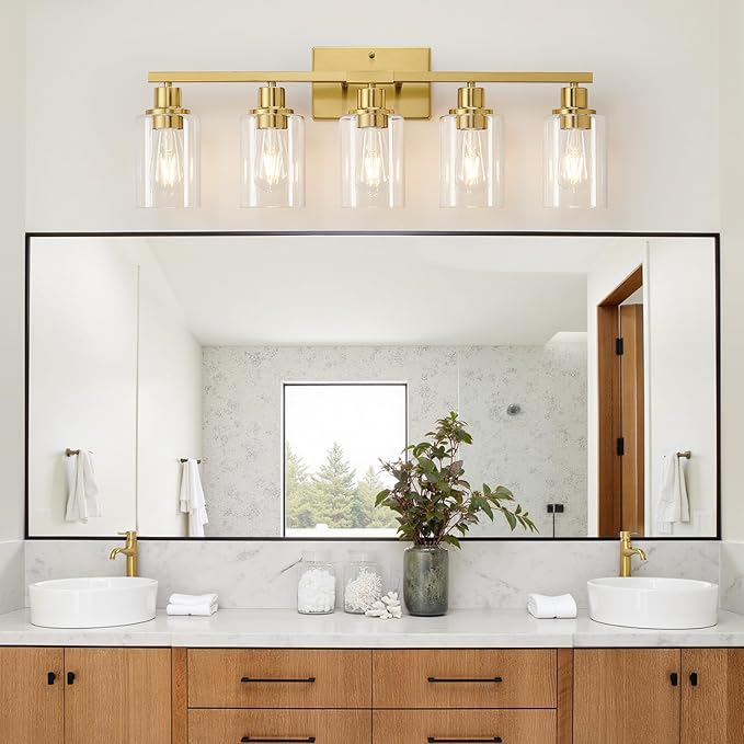 MOKATNG 5-Light Bathroom Light Fixtures, Vanity Light with Clear Glass Shades, Brushed Gold Bathroom Light Fixtures Over Mirror, Modern Bathroom Wall Lamp for Mirror Living Room Cabinet Bedroom