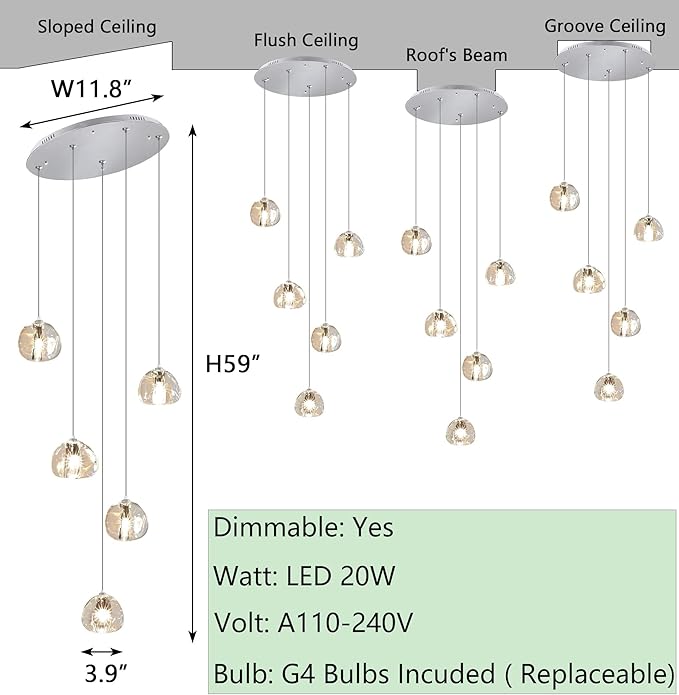 HAIXIANG Modern LED Chandeliers Dining Room Kitchen Pendant Lights Lighting for Island Dimmable Fixtures Floating Bubble Crystal 2700K 6000K Remote Dimming 5-Lights