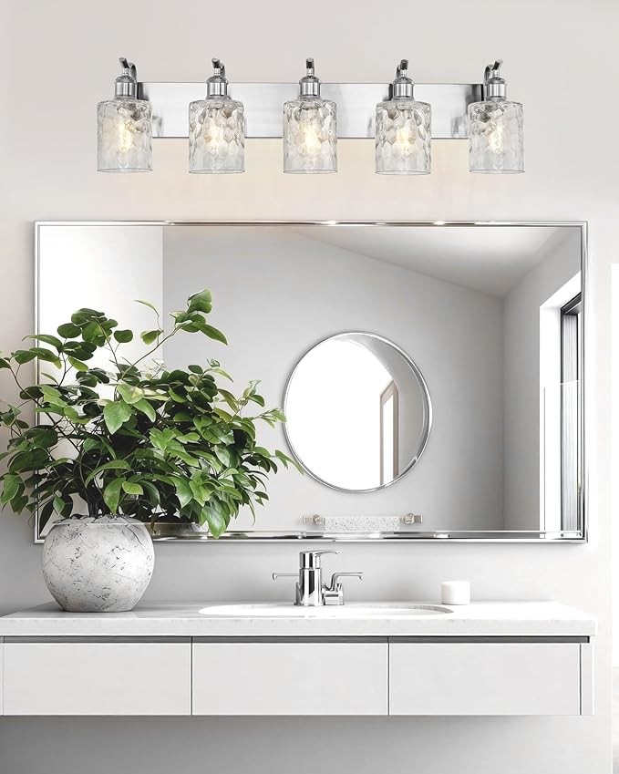 Bathroom Vanity Light Fixtures Over Mirror 5-Light Hammered Glass Wall Mounted Modern Brushed Nickel - VL01BNH-5