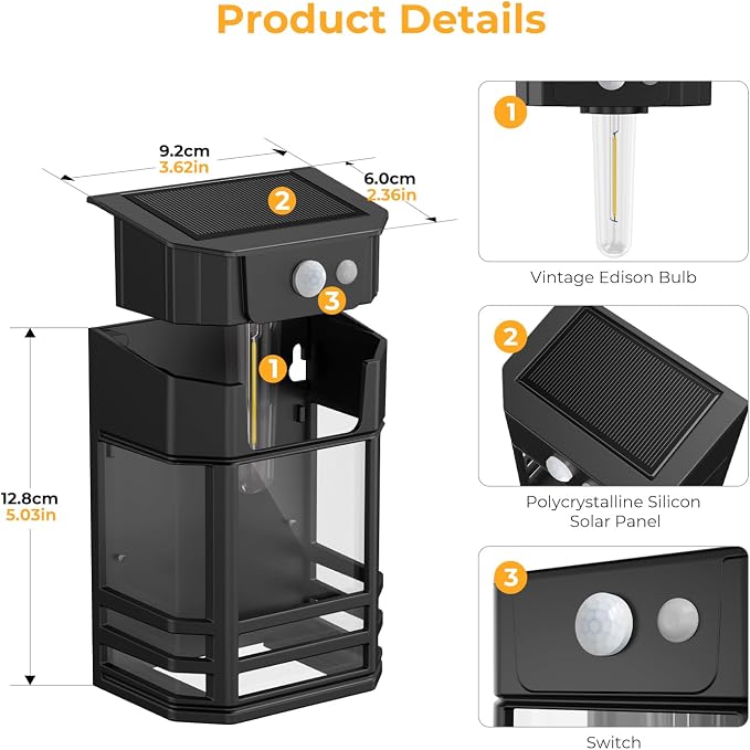 btfarm Solar Wall Lights Outdoor,3 Modes Motion Sensor Lights Dusk to Dawn, IP65 Waterproof Porch Light Solar Powered, 1200mAh Wireless Wall Mount Sconces for Outside Patio, Garage, Yard