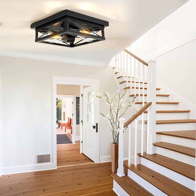 Black Flush Mount 2-Light Industrial Vintage Metal-Framed Ceiling Light for Hallway, Foyer, Kitchen, Bedroom, Living Room, Laundry (E26 Base)