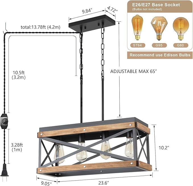 Rustic Farmhouse Plug in Kitchen Island Lighting, 4 Lights Rectangular Pendant Light Fixture with Adjustable Chain, Dimmable Switch, Oak Wood and Metal Linear Chandelier for Dining Room Home, Black