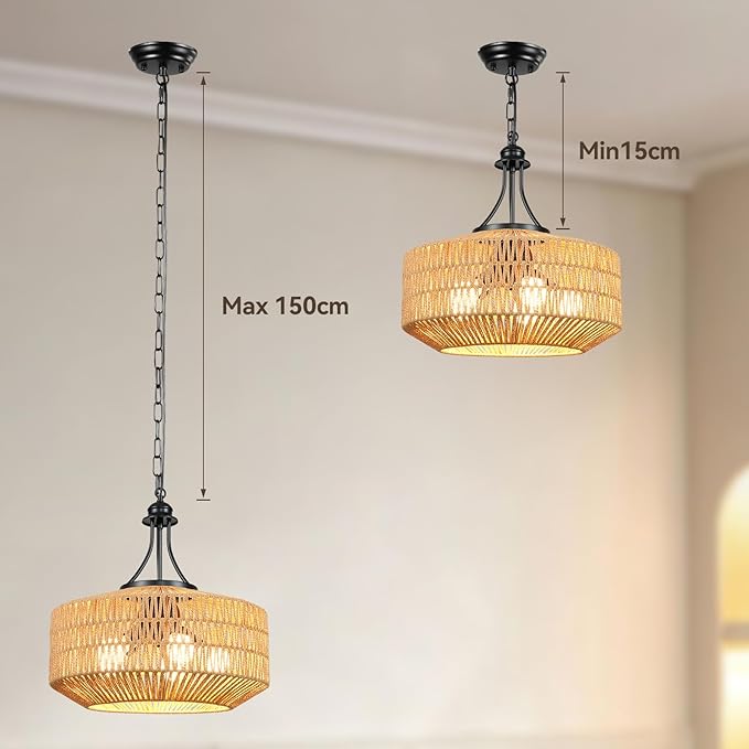 5-Light Rattan Pendant Light, 18.8" Large Boho Chandeliers for Living Room, Dining Room, Hand Woven Wicker Fixture with Adjustable Cord, Coastal Farmhouse Hanging Lamp for Kitchen Island