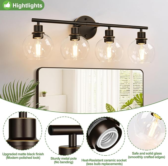 Indoi 4-Light Bathroom Light Fixtures, Oil Rubbed Bronze Bathroom Lights Over Mirror with Clear Glass Globe Shade, Vanity Lights for Bathroom Kitchen Living Room Hallway Cabinet Bedroom Porch