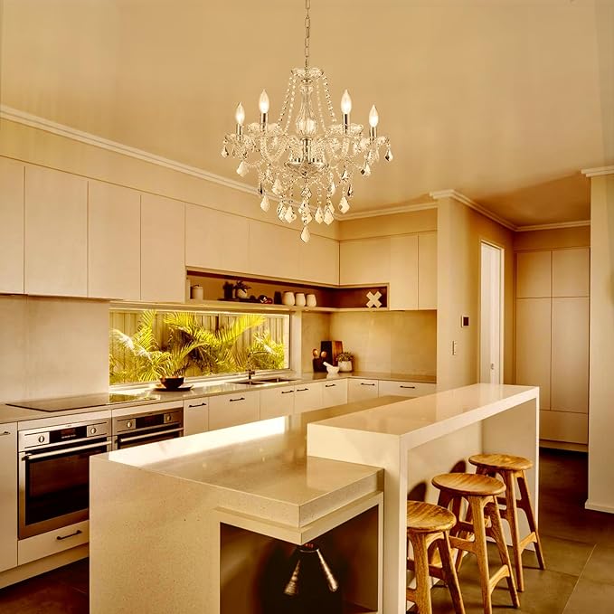 5-Light Modern Candle Crystal Glass Chandelier Pendant Ceiling Lighting Fixture for Dining Room Kitchen Hallway Living Room Bedroom Bar Closet, 23" Chrome Contemporary Elegant Lamp