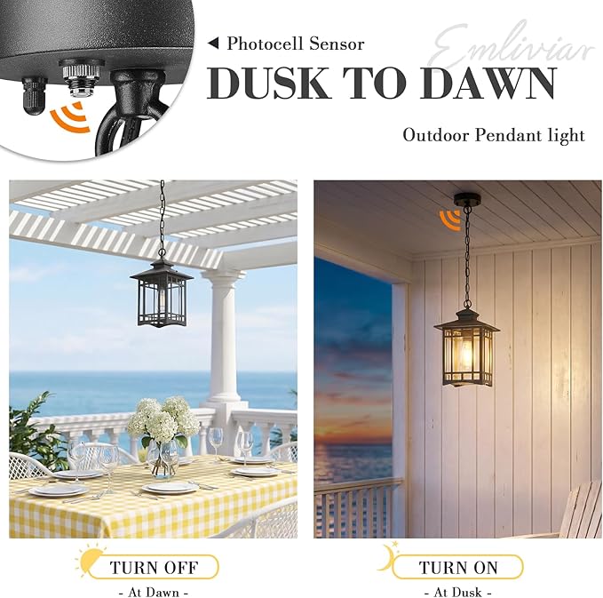 Emliviar 14.4" Hanging Lantern Light Fixture in Black Finish, Dusk to Dawn Modern Outdoor Porch Chandelier with Clear Glass Shade, 100W Max, XE309H-M-PC BK