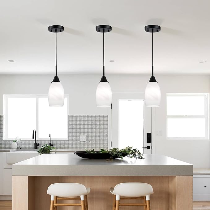 Viinew Mini Glass Pendant Light,1-Light Handblown White Oval Art Glass Hanging Pendant Light for Kitchen Island,Dining Room,Living,Foyer,Hallway, Entry Matte Black Metal