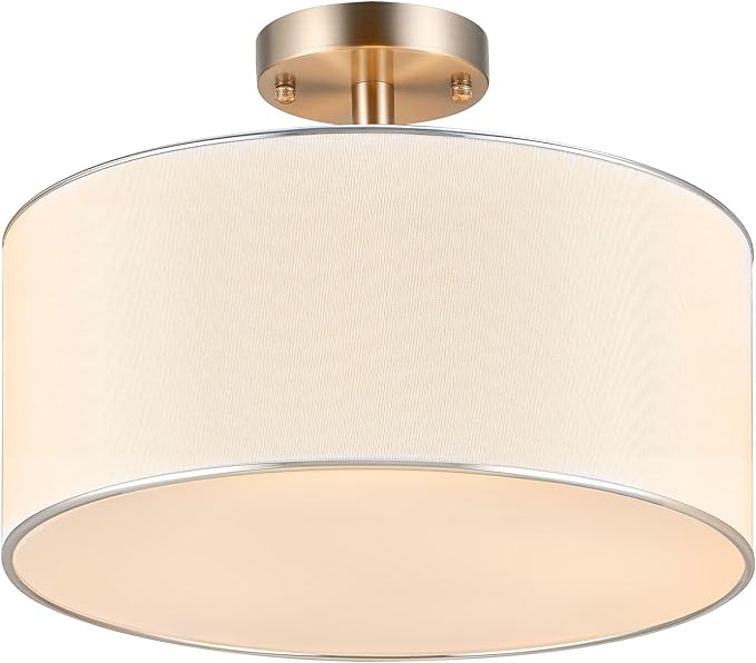 VONLUCE Semi-Flush Mount Ceiling Light, 15" Modern 3-Light Ceiling Light Fixture with White Drum Shade 3 E26 Sockets for Bedroom Entryway Living Room, Nickel Finish, ETL Certificated