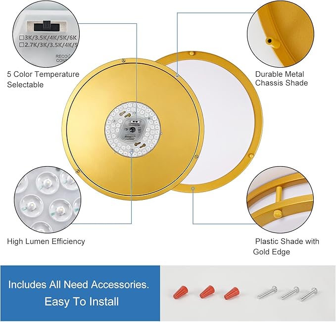DLLT Flush Mount LED Ceiling Light: 13 Inch 5CCT (3000K-6000K) & Dimmable Ceiling Light Fixtures for Bedroom Hallway - 24W Modern Gold Super Bright Kitchen Lighting Fixtures Ceiling