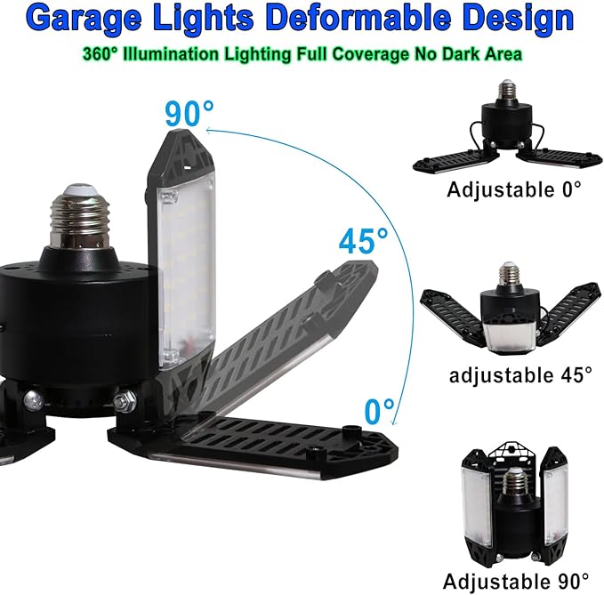LED Garage Light, 80W 8000 Lumen Ceiling Lights with 3 Adjustable Panels, E26/E27 6500K Daylight Light Bulb Fixture LED Lights for Garage, Barn, Attic Workshop Bay Light (80W 4Pack)
