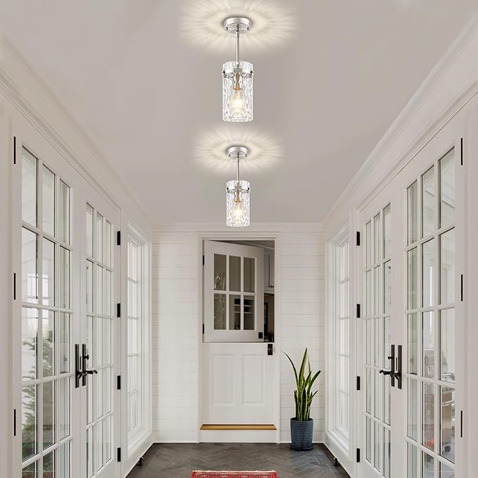 Brushed Nickel Pendant Lights Kitchen Island, Modern Hand-Blown Glass Kitchen Hanging Lights Fixture Over Island Adjustable Mini Pendan Lighting for Hallway Entryway Bathroom Foyer Dining Room