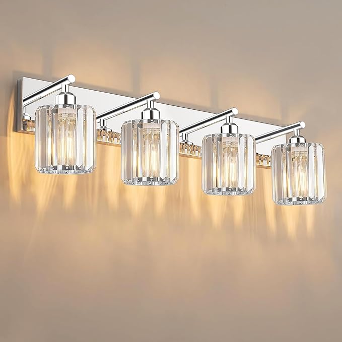 Brushed Chrome Crystal Bathroom Vanity Light, 4-Light Modern Bathroom Lighting Fixtures Over Mirror,Chrome Wall Sconce Light Fixtures with Round Shade