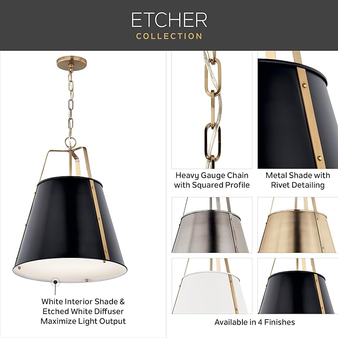 Kichler Etcher 2-Light Pendant, Updated Traditional Light with Etched Painted White Glass Diffuser in White and Champagne Bronze, for Kitchen or Dining Room (22.5" x 18"), 52711WH