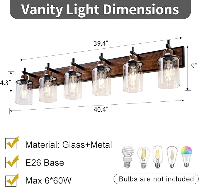 Lanhall 6-Light Farmhouse Bathroom Light Fixtures Vintage Bathroom Vanity Lights Over Mirror Black and Wood Painted Metal Vanity Light for Bathroom with Glass Shades E26 Socket