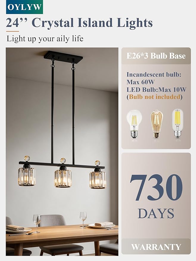 Modern Dining Room Light Fixture Over Table, Crystal Pendant Lights Kitchen Island, Chandeliers for Dining Room Kitchen Light Fixtures (E26) 3-Light Black