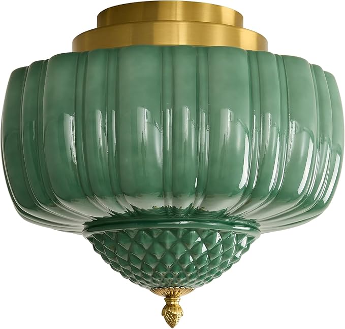Vintage Ceiling Light Fixture 14 inch Semi Flush Mount Ceiling Light Mid Century Modern Green Glass Ceiling Lamp for Bedroom Kitchen Restaurant Hallway Schoolhouse
