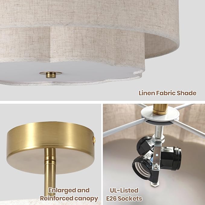 3-Light Drum Semi Flush Mount Ceiling Light, 17.7" Modern White Drum Ceiling Lighting Fixture,Vintage 2-Layer Linen Ceiling Lamp for Dining Room,Kitchen, Basement, Bedroom, Laundry Room