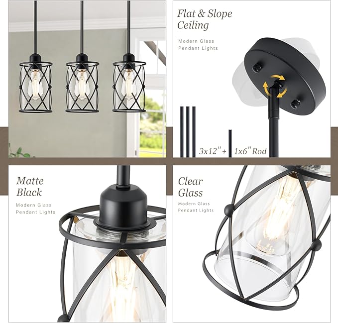 Glass Pendant Lights Kitchen Island 3 Pack, Black Kitchen Pendant Lighting Over Island with Rod, Modern Mini Hanging Light for Sink Dining Room, CH9176BK-3PK