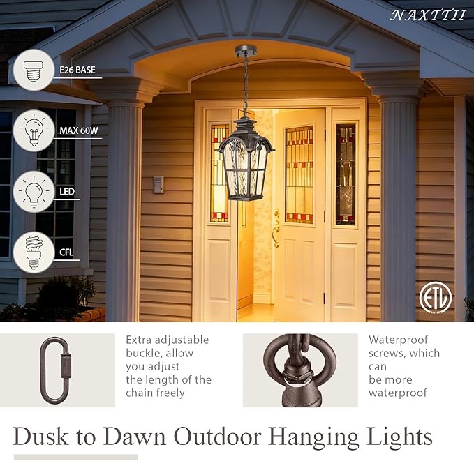 18.5 Inch Large Outdoor Pendant Lights Waterproof Aluminum Hanging Lantern Light with Water Ripple Glass Oil Rubbed Bronze Outdoor Chandelier for Porch Yard Gazebo