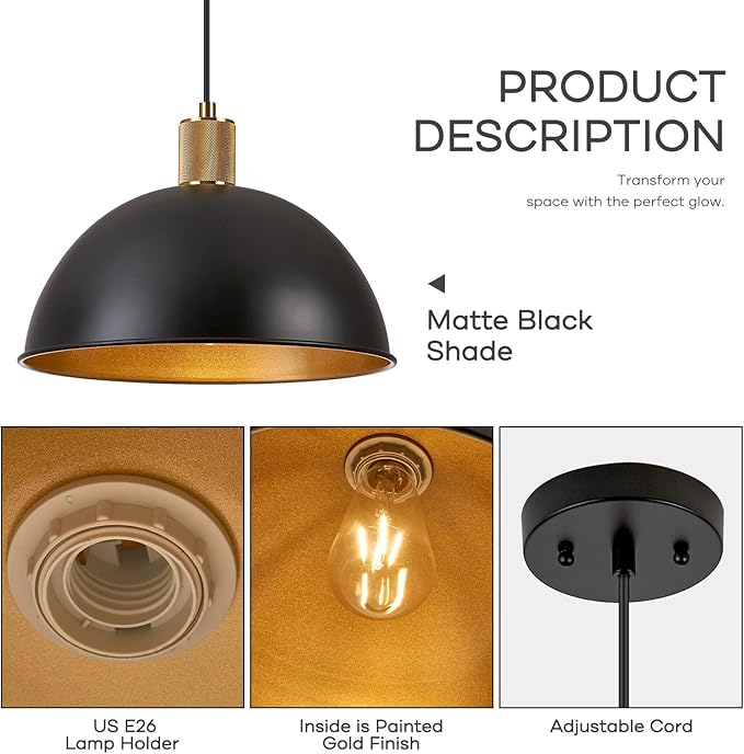 12 Inch Black Dome Pendant Lights for Kitchen Island, Height Adjustable Farmhouse Industrial Hanging Light Fixtures Over Table for Dining Room, Entryway, 1 Pack