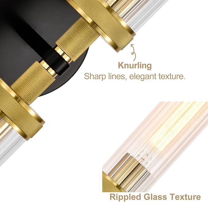 LaLuLa Black and Gold Vanity Light Fixtures 2-Pack – Modern Hardwired Dual-Light Wall Sconces with Rippled Glass Shades, Textured Metal Bathroom Lighting for Over Mirror or Hallway, 25" Height