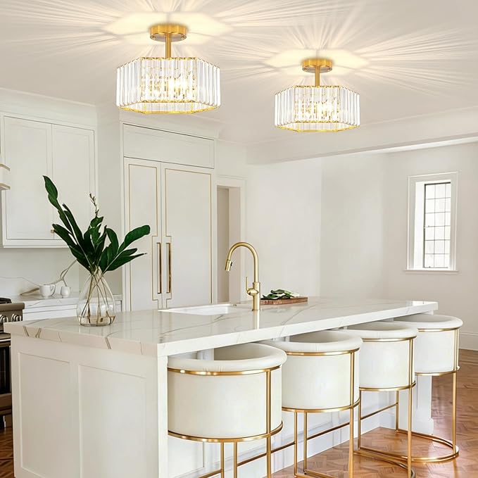 TOULMJ Crystal Semi Flush Mount Ceiling Light, 3-Light Modern Close to Ceiling Light Fixtures, Gold Hallway Light Fixtures Flush Mount Chandelier for Entryway Kitchen Bedroom Dining Laundry Room