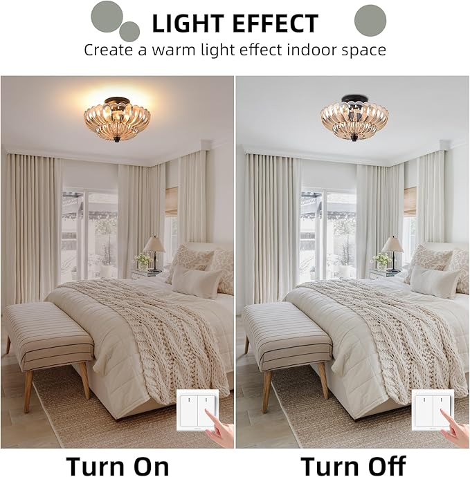 Semi Flush Mount Ceiling Light, 11.8 Inch Black Vintage Hallway Light Fixture with Amber Glass, Close to Ceiling Light for Bedroom Kitchen Living Room Bathroom Foyer, E26 Base