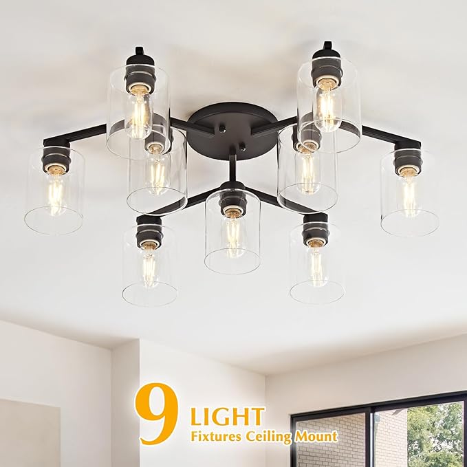 9 Light Kitchen Lighting Fixtures Ceiling Black Semi Flush Mount Ceiling Light Fixture Large Living Room Lighting Cieling Lamps for Dining Room Living Room Light Fixture with Clear Glass Shades