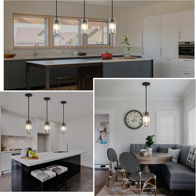 Modern 3-Pack Black Pendant Lights for Kitchen Island, 1-Light Mini Crystal Chandeliers Set with E26 Base, Small Hanging Luxury Fixture for Dining Room, Bedroom, Foyer and Hallway