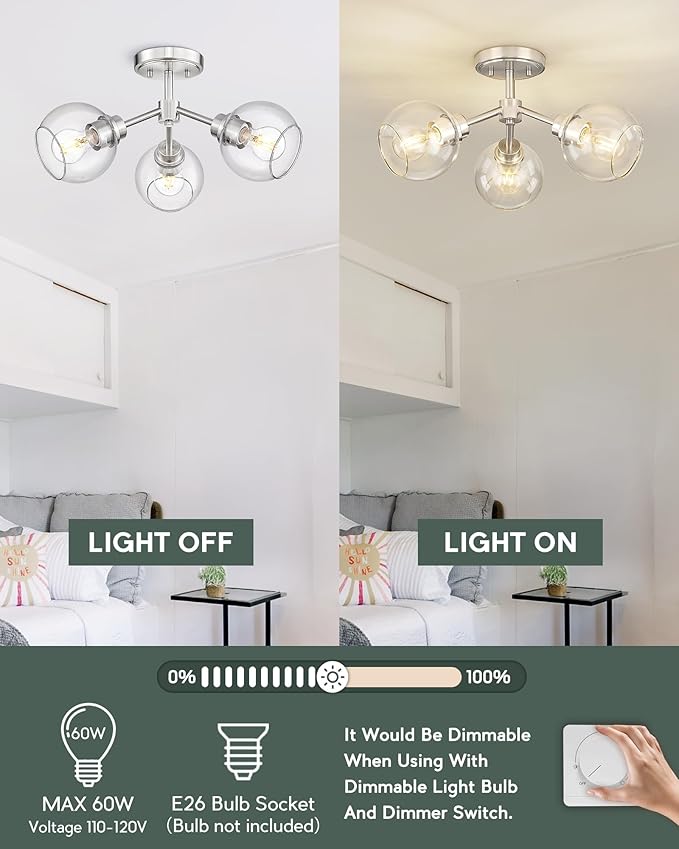 3-Light Semi Flush Mount Ceiling Light, Modern Light Fixtures Ceiling Mount with Globe Clear Glass Shade, Brushed Nickel Light Fixtures for Kitchen Entryway Hallway Bedroom, SM195-BN-3