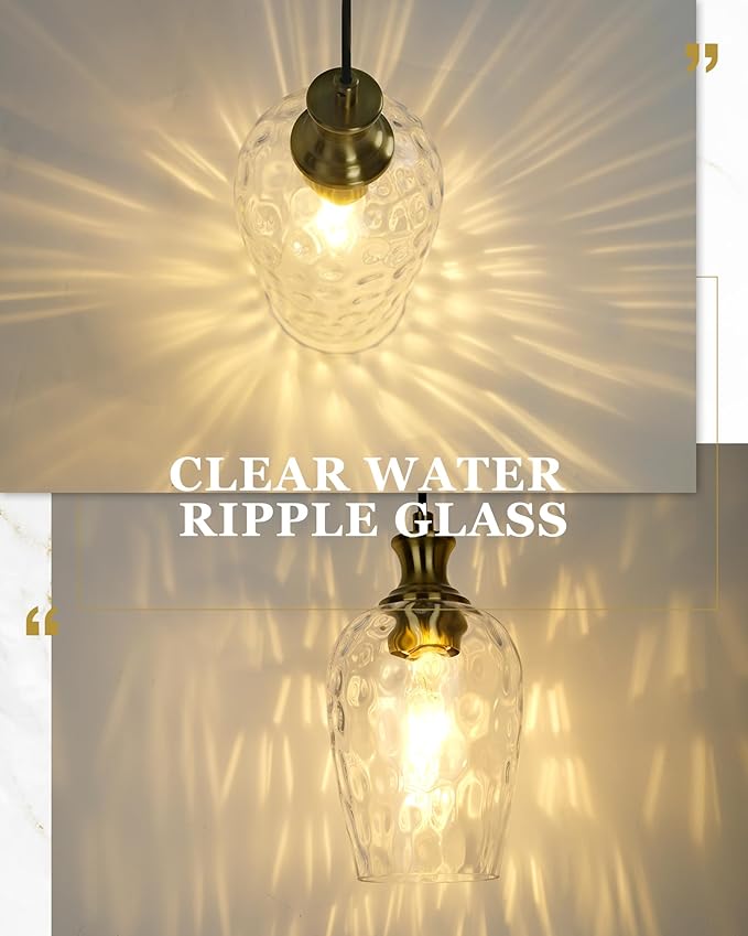 Gold Pendant Lights Kitchen Island, Modern Hanging Lights Fixtures with Hand-Blown Hammered Clear Glass, Farmhouse Brass Kitchen Island Lighting Over Sink, AD-24027-1P-GD