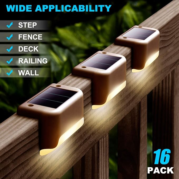 DenicMic 16 Pack Solar Deck Lights Outdoor Waterproof 4000K Warm White LED | Step Fence Patio Yard Stair Railling Pool Side Balcony Front Porch Outside Deck Lighting Decorative 5 Lumen ABS Brown Shell
