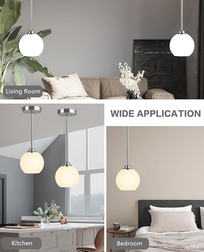 Modern Pendant Light Fixtures 2 Pack, Chrome Pendant Lights with Frosted Glass Shade,Pendant Lights Kitchen Island, Kitchen Pendant Lighting Over Island, Hanging Lights for Kitchen