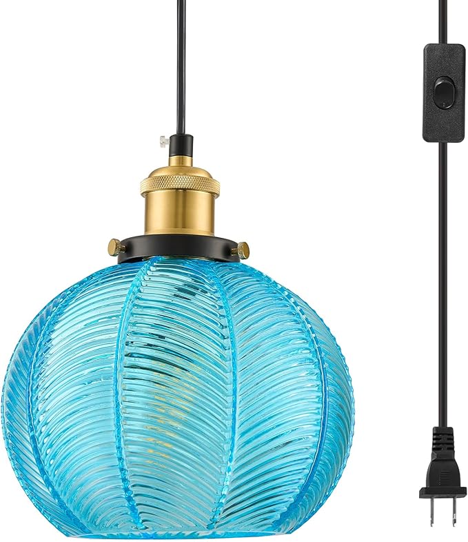 Modern Plug in Hanging Light, 7.8 Inch Glass Pendant Light with 14.76 FT Adjustable Plug in Cord, Vintage Blue Hanging Lamp for Dining Room Bedroom Kitchen Island Bathroom E26