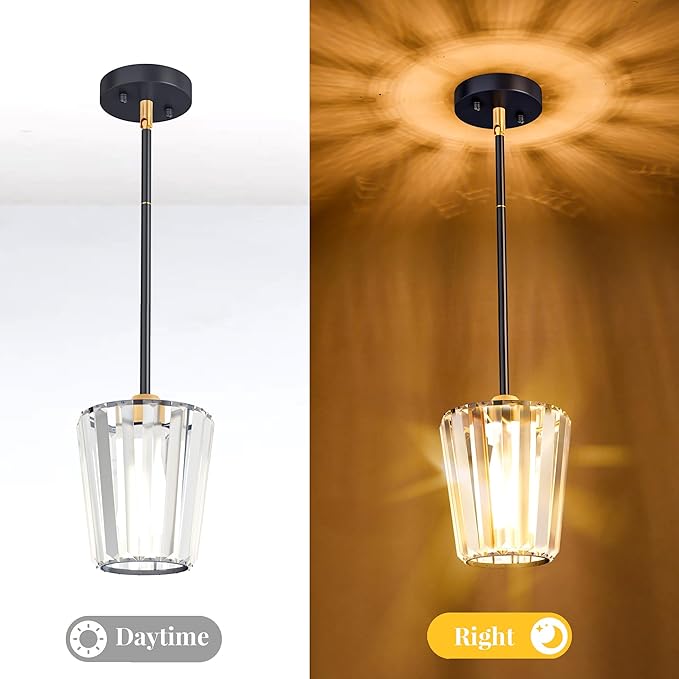 Crystal Pendant Lights Kitchen Island 2 Pack, Modern Black Gold Pendant Light Fixtures Mini Adjustable Chandeliers for Kitchen Island Dinning Room Bedroom Hallway with E26 Base (Bulbs Not Included)