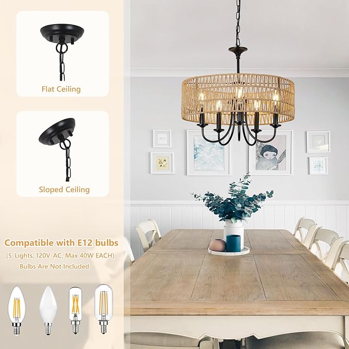 LAMSU Modern Farmhouse Chandelier Light Fixtures, 5-Lights Large Rattan Pendant Lighting with Hand Woven Wicker Shade, Boho Black Chandeliers for Dining Room Living Room Kitchen Island Bedroom