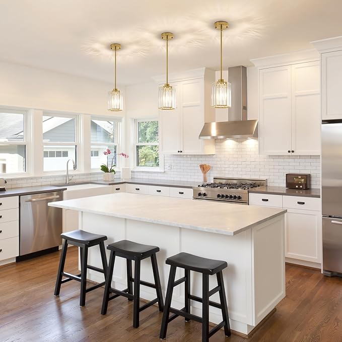 Gold Pendant Light Kitchen Island, Modern Crystal Kitchen Island Lighting, 1-Light Hexagonal Kitchen Hanging Lights for Island, Dining Room, Hallway, Foyer, Entryways