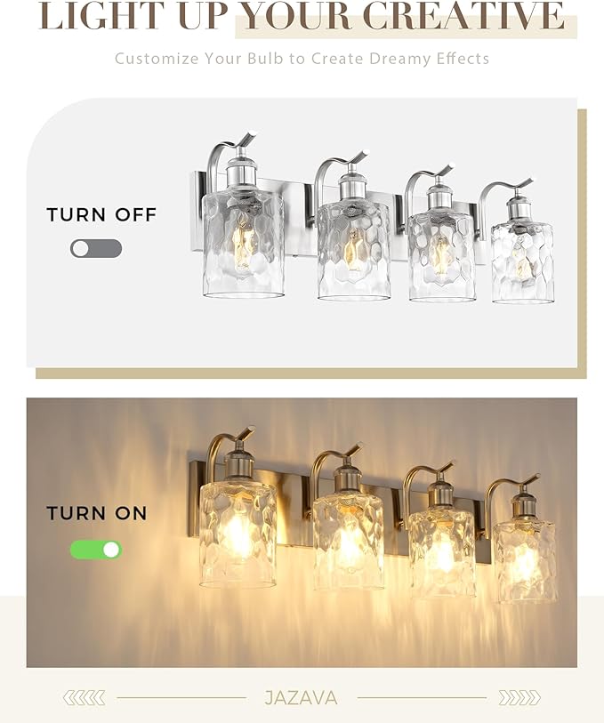 Bathroom Vanity Light Fixtures Over Mirror 4-Light Hammered Glass Wall Mounted Modern Brushed Nickel - VL01BNH-4