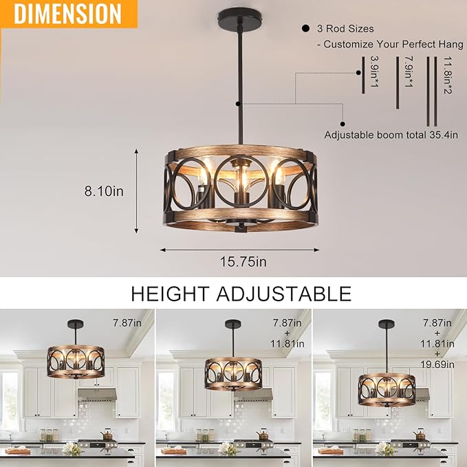 Light Fixtures Ceiling Mount,3-Lights Semi Flush Mount Ceiling Light Fixture,15.7" Black Dining Room Chandelier Rustic Drum Chandelier Pendant Light Fixture with Wood Grain Finish for Kitchen