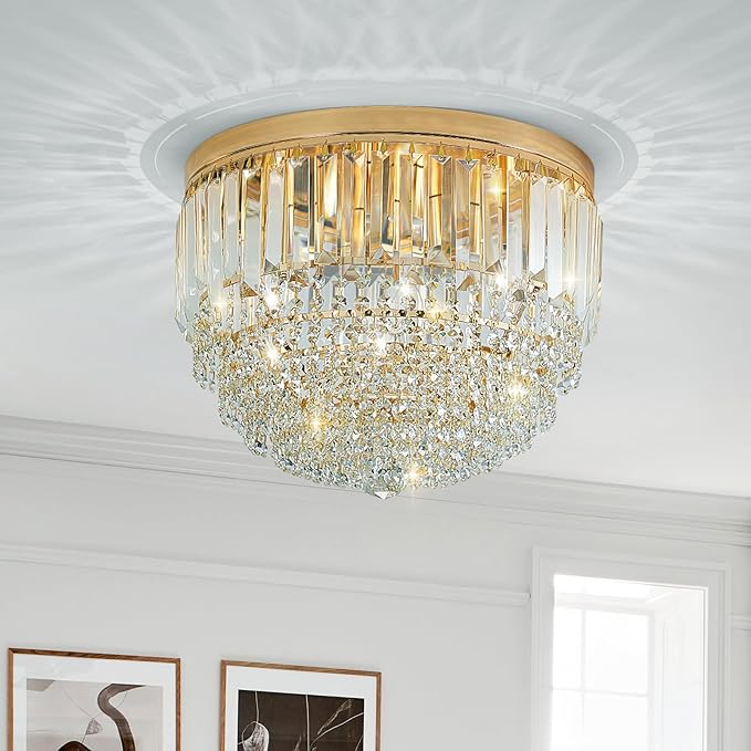 YMP&YZX Modern French Gold Crystal Chandelier Ceiling Light,15.7" Semi Flush Mount 5-Lights LED Crystal Round Chandelier Light E12 Base for Bedroom Living Room