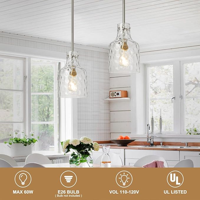 WILON Modern Glass Pendant Lighting for Kitchen Island, Farmhouse Pendant Lights for Dining Room Kitchen Sink, Adjustable Hanging Ceiling Light 7" Hammered Glass Shade, Brushed Nickel Metal Finish