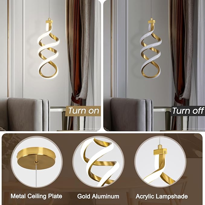 Modern LED Pendant Light Fixture, 15W Spiral Led Chandelier Hanging Lamp, 4500K Pendant Lights Kitchen Island, Adjustable Height Pendant Light for Dining Room Bedroom Kitchen Island Cafe(2 pack)